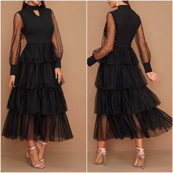Luxe Black Sheer Sleeve Tiered Evening Party Dress - Picture 2 of 2